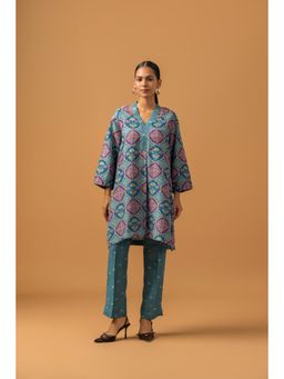 Naseebo - Teal Medallion Linen Premium Co-Ord - Blue