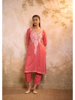 House of Chikankari - Crafts Cotton Embroidered Zari Work Womens Kurta with Pant - Peach