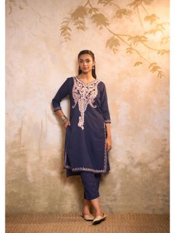 House of Chikankari - Crafts Embroidered Zari Womens Kurta with Pant - Navy Blue