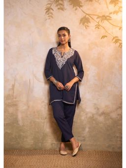 House of Chikankari - Crafts Cotton Zari Work Womens Kurta with Pant - Navy Blue