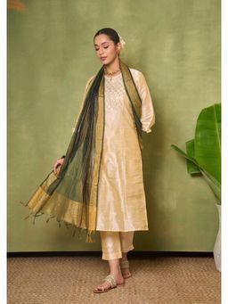 House of Chikankari - Silk Blend Womens Long Kurta with Pant and Dupatta - Golden