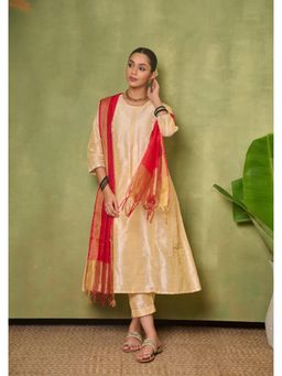 House of Chikankari - Silk Blend Womens A-Line Kurta with Pant and Dupatta - Golden