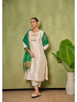 House of Chikankari - Silk Blend Womens Long Kurta with Pant and Dupatta - Ivory