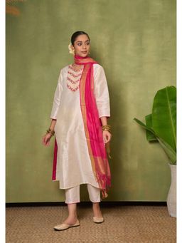 House of Chikankari - Silk Blend Womens Long Kurta with Pant and Dupatta - Ivory