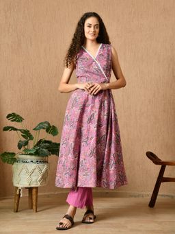 KELIN - Azara Sleeveless Printed Cotton Angrakha Kurta with Pant - Purple