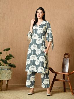 KELIN - Tharia Regular Fit Floral Printed Cotton Co-Ord Set - Green