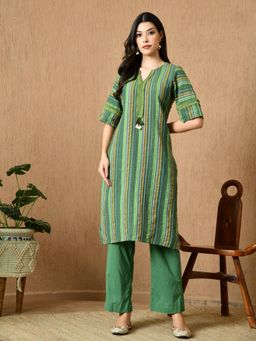 KELIN - Meet Straight Fit Striped Kurta With Pant - Green