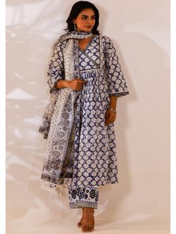 Maitri Jaipur - Blue Sanganer Block Print Anarkali Kurta with Pant and Dupatta