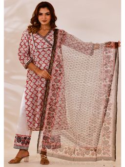 Maitri Jaipur - Red Sanganer Hand Block Print Kalida Anarkali Kurta with Pant and Dupatta