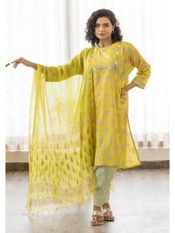 Maitri Jaipur - Yellow Floral Discharge Print Kurta with Salwar Pant and Dupatta
