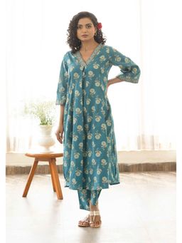 Maitri Jaipur - Blue Floral Discharge Print Flared Co-Ord Set