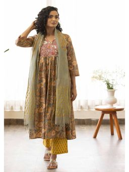 Maitri Jaipur - Dusty Green Sanganer Print Angrakha Kurta with Pant and Dupatta