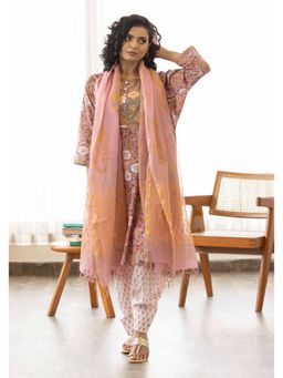 Maitri Jaipur - Dusty Pink Sanganer Print Kurta with Salwar Pant and Dupatta