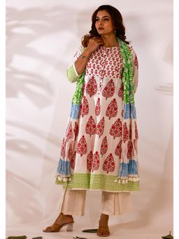 Maitri Jaipur - Red Hand-Block Print Anarkali Kurta with Pant and Dupatta - White