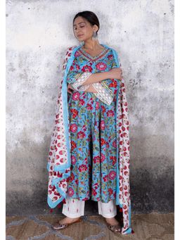 Maitri Jaipur - Teal Blue Floral Anarkali Kurta With Pant And Dupatta