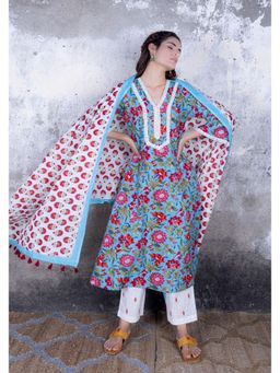 Maitri Jaipur - Teal Blue A-Line Kurta With Pant And Dupatta