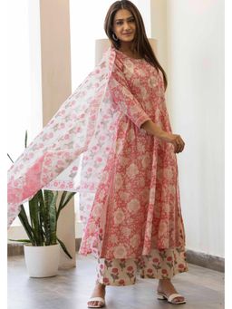 Maitri Jaipur - Sanganer Rose Print Flared Kurta With Palazzo And Dupatta - Pink