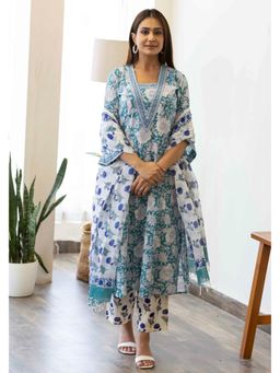 Maitri Jaipur - Sanganer Persian Green A-Line Kurta With Pant And Dupatta - Blue