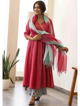 Maitri Jaipur - Discharge Red Amaranth Red Anarkali Kurta With Palazzo And Dupatta