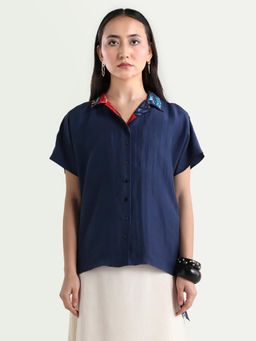 RAREISM - Navy Blue Solid Regular Fit Shirt