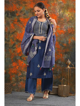Saatvikei - Raj - Midnight Blue Kurta with Palazzo and Dupatta (Set of 3)