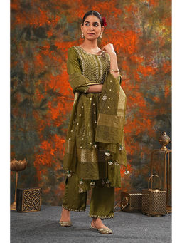 Saatvikei - Raj - Olive Green Kurta with Palazzo and Dupatta (Set of 3)