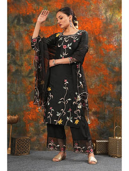 Saatvikei - Sarla - Black Kurta with Palazzo and Dupatta (Set of 3)