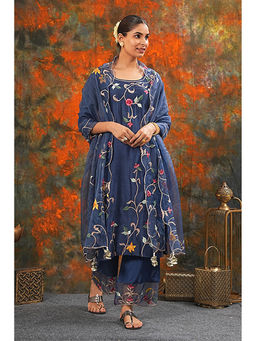 Saatvikei - Sarla - Midnight Blue Kurta with Palazzo and Dupatta (Set of 3)