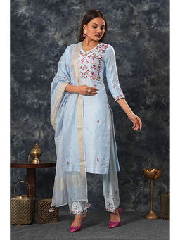Saatvikei - Saumya - Sky Blue Kurta with Palazzo and Dupatta (Set of 3)
