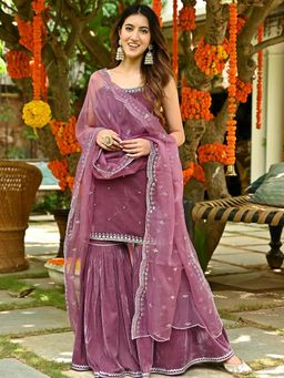 Lavanya The Label - Mauve Velvet Sharara (Set of 3)
