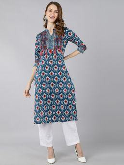 Kipek - Womens Cotton Printed Straight Kurta Blue