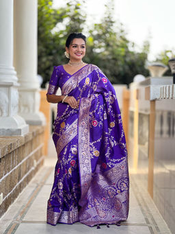 JATRIQQ - Purple Banarasi Silk Meenakari Weaving Saree with Unstitched Blouse