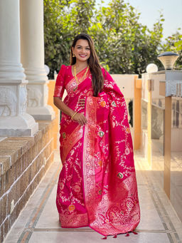 JATRIQQ - Rani Pink Banarasi Silk Meenakari Weaving Saree with Unstitched Blouse