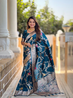 JATRIQQ - Teal Banarasi Silk Meenakari Weaving Saree with Unstitched Blouse