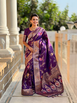 JATRIQQ - Purple Banarasi Silk Meenakari Weaving Saree with Unstitched Blouse