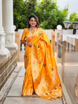 JATRIQQ - Yellow Banarasi Silk Meenakari Weaving Saree with Unstitched Blouse