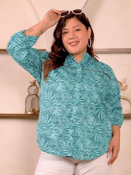 Indietoga Plus Size - Green Teal Leaf Printed Pleated Lace Cotton Longline Shirt Top
