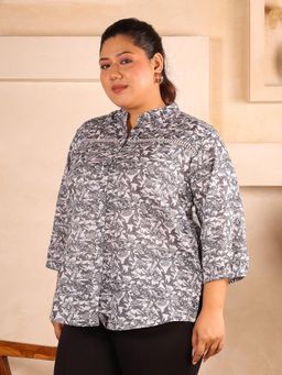Indietoga Plus Size - Black And White Floral Pleated Lace Cotton Longline Shirt Top