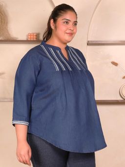 Indietoga Plus Size - Women Plus Size Blue Embroidered Pleated Cotton Denim Longline Top