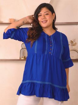 Indietoga Plus Size - Women Plus Size Blue Solid Tiered Rayon Longline Tunic Top With Pockets