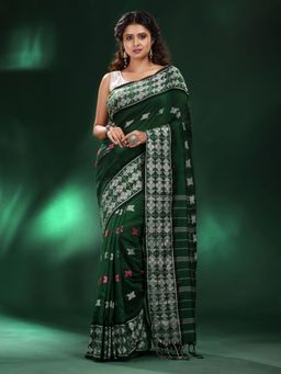 CHARUKRITI - Bottle Green Cotton Soft Geometric Motif All Over Saree with Unstitched Blouse