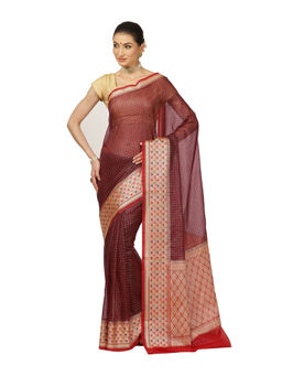 Banarasi Silk Works - Women Maroon Organza Saree with Unstitched Blouse