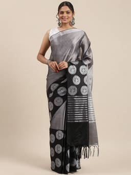 Banarasi Silk Works - Black Zari Kanchi Silk Tanchoi Meena Saree with Unstitched Blouse