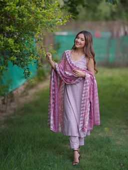 Rangpur - Lavender Block Print Kurta with Pant & Dupatta (Set of 3)