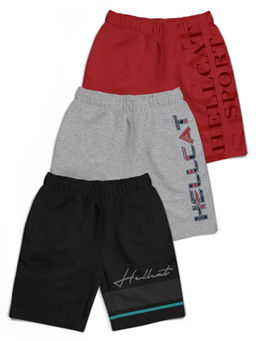 HELLCAT - Trendy Black Grey Melange Maroon Typographic Shorts for Boys (Pack of 3)