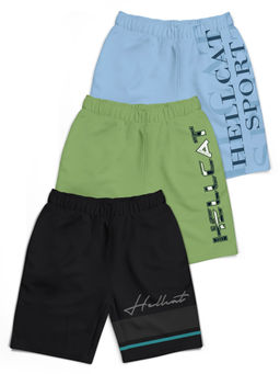 HELLCAT - Trendy Black Jade Green Sky Blue Typographic Shorts for Boys (Pack of 3)