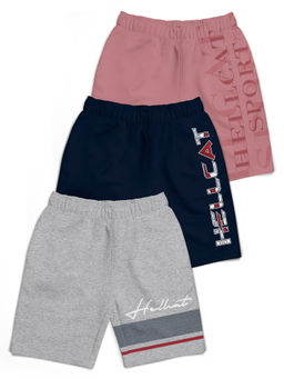 HELLCAT - Trendy Grey Melange Navy Blue Pink Typographic Shorts for Boys (Pack of 3)