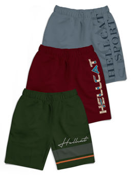 HELLCAT - Olive Green Burgundy Dark Grey Typographic Shorts for Boys (Pack of 3)