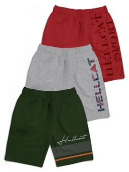 HELLCAT - Olive Green Grey Melange Maroon Typographic Shorts for Boys (Pack of 3)
