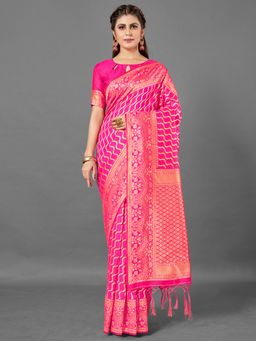 Akhilam - Womens Silk Blend Pink Woven Design Designer Saree with Unstitched Blouse
